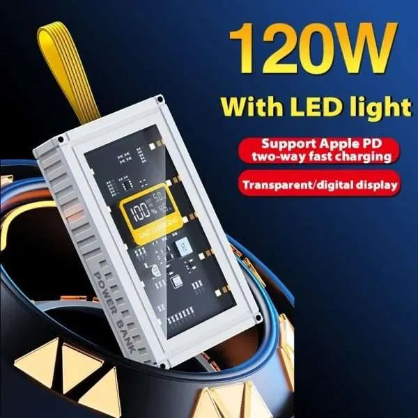 120W Transparent Digital Display Fast Charging 30,000 mAh PD Power Bank for Smartphones, Tablets, Cameras, Laptops etc.