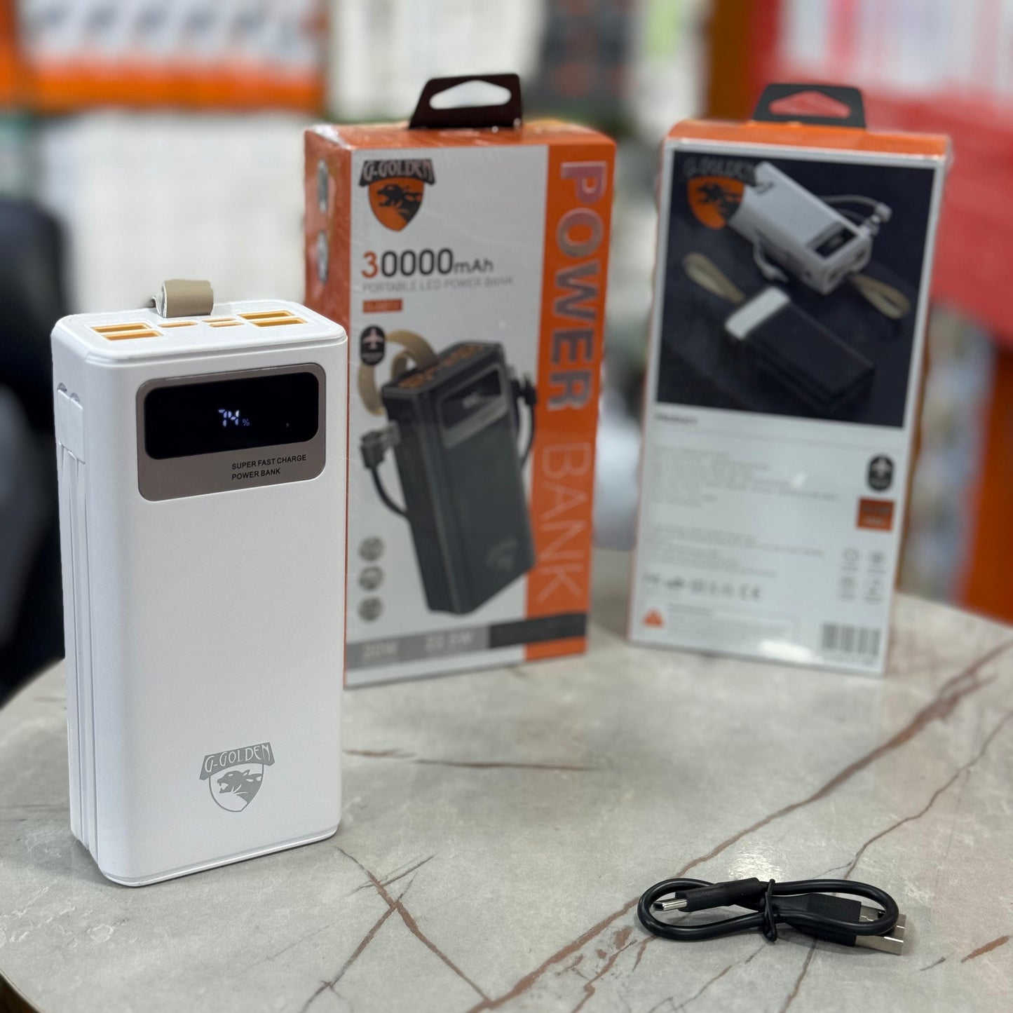 Elite 30,000mAh Waterproof Power Bank β 22.5W Ultra Fast Charge | Built-in Cables, Dual USB, Smart LCD & Tactical Flashlight