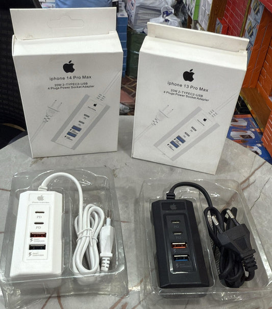 Ultra Compact 4-Port Fast Charger – Dual Type-C + Dual USB | 20W PD Power Hub for iPhone 14/13 Pro Max & All Smart Devices