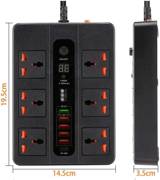 3000W 6 Universal AC jack Power Strip Surge Protector 2M Extension Socket Timed desktop socket With PD3.0 QC3.0 Fast USB Charger