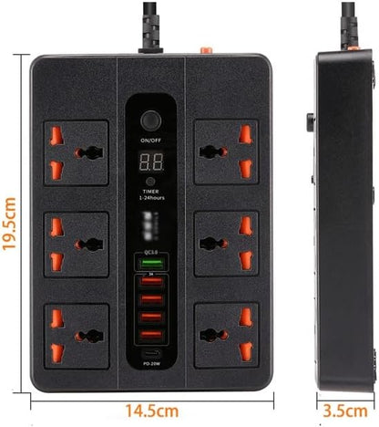 3000W 6 Universal AC jack Power Strip Surge Protector 2M Extension Socket Timed desktop socket With PD3.0 QC3.0 Fast USB Charger