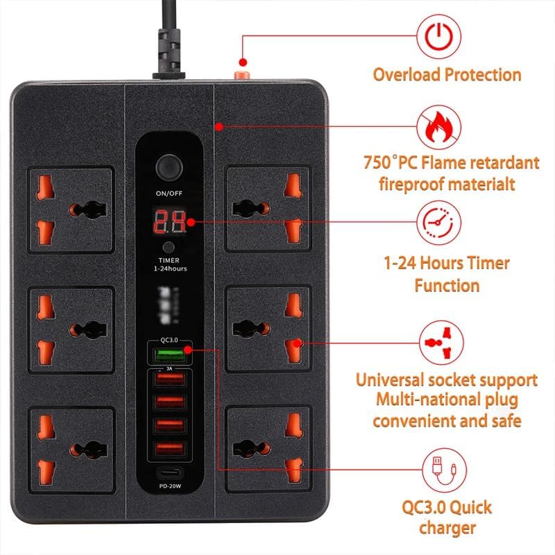 3000W 6 Universal AC jack Power Strip Surge Protector 2M Extension Socket Timed desktop socket With PD3.0 QC3.0 Fast USB Charger