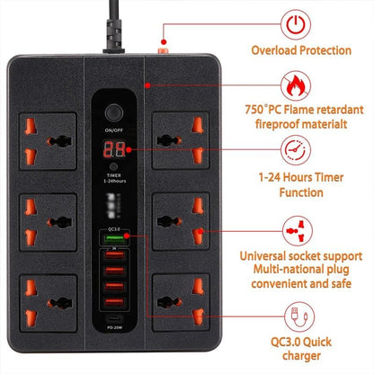 3000W 6 Universal AC jack Power Strip Surge Protector 2M Extension Socket Timed desktop socket With PD3.0 QC3.0 Fast USB Charger