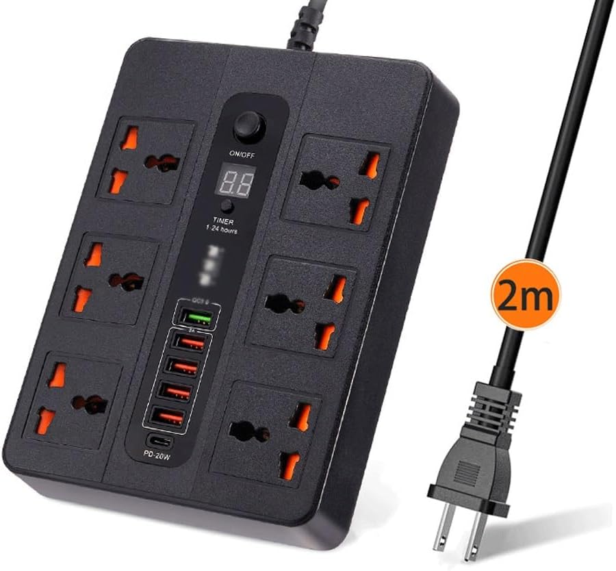 3000W 6 Universal AC jack Power Strip Surge Protector 2M Extension Socket Timed desktop socket With PD3.0 QC3.0 Fast USB Charger