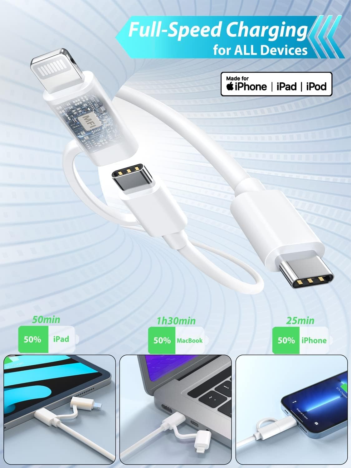 USB C to C/Lightning Cable, Multi Charging Cable [MFi Certified] 60W Fast Charger Cord C to Lightning/Type C
