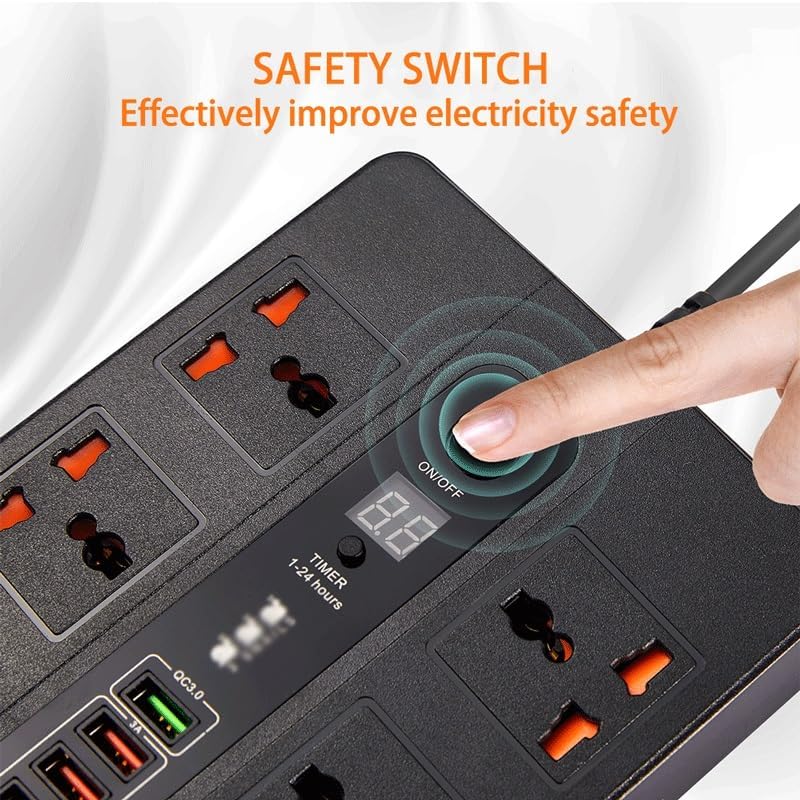 3000W 6 Universal AC jack Power Strip Surge Protector 2M Extension Socket Timed desktop socket With PD3.0 QC3.0 Fast USB Charger