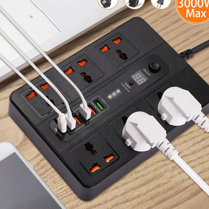 3000W 6 Universal AC jack Power Strip Surge Protector 2M Extension Socket Timed desktop socket With PD3.0 QC3.0 Fast USB Charger