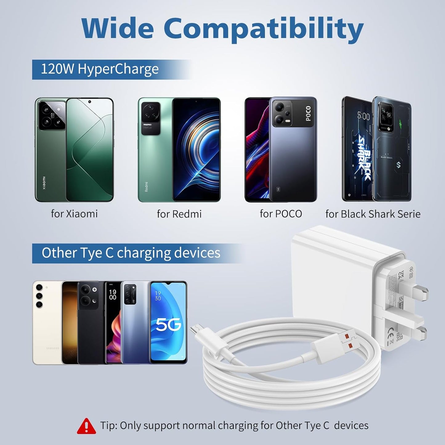 120W Fast Charger and Cable for Xiaomi, ACAGET 10A/1M 120W HyperCharge Cable, UK Wall Charger With USB C Cable