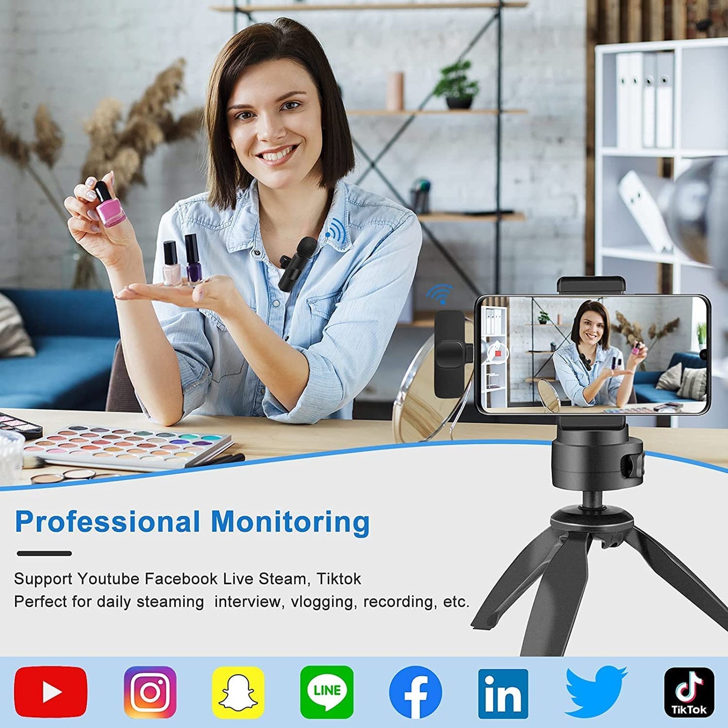 Wireless Lavalier Microphone Mic System for YouTube Facebook Live Stream TikTok Video Recording Vlog