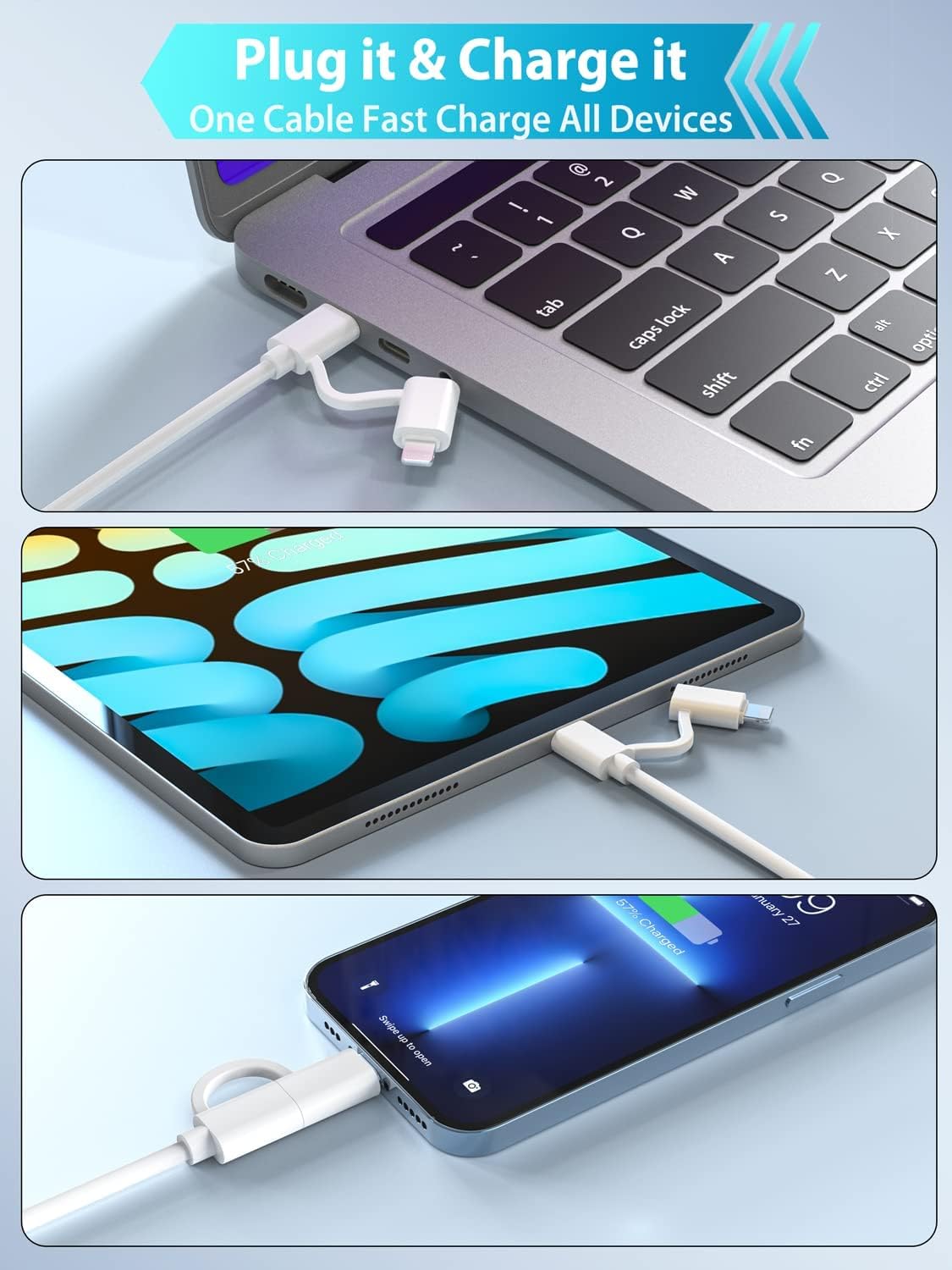 USB C to C/Lightning Cable, Multi Charging Cable [MFi Certified] 60W Fast Charger Cord C to Lightning/Type C