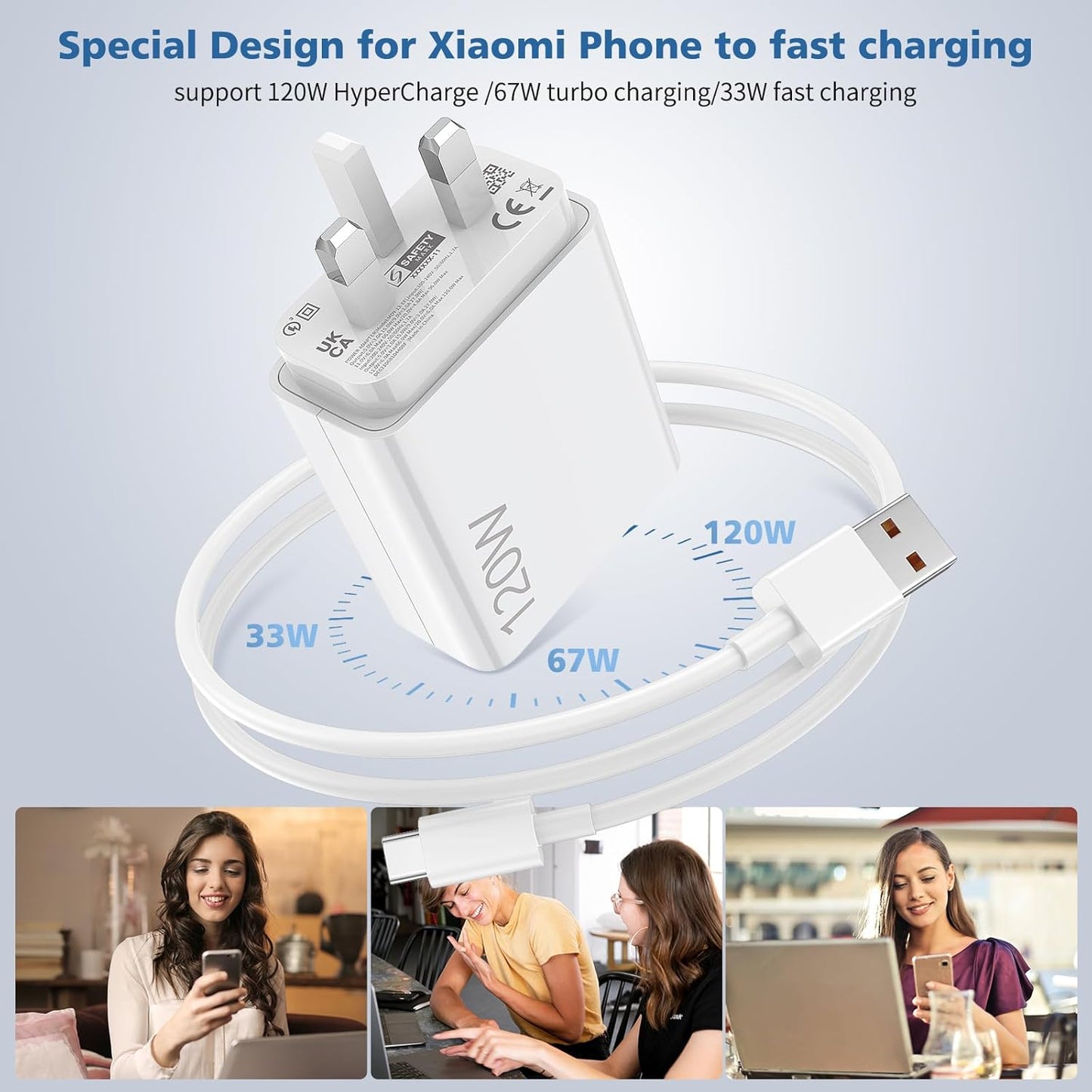 120W Fast Charger and Cable for Xiaomi, ACAGET 10A/1M 120W HyperCharge Cable, UK Wall Charger With USB C Cable