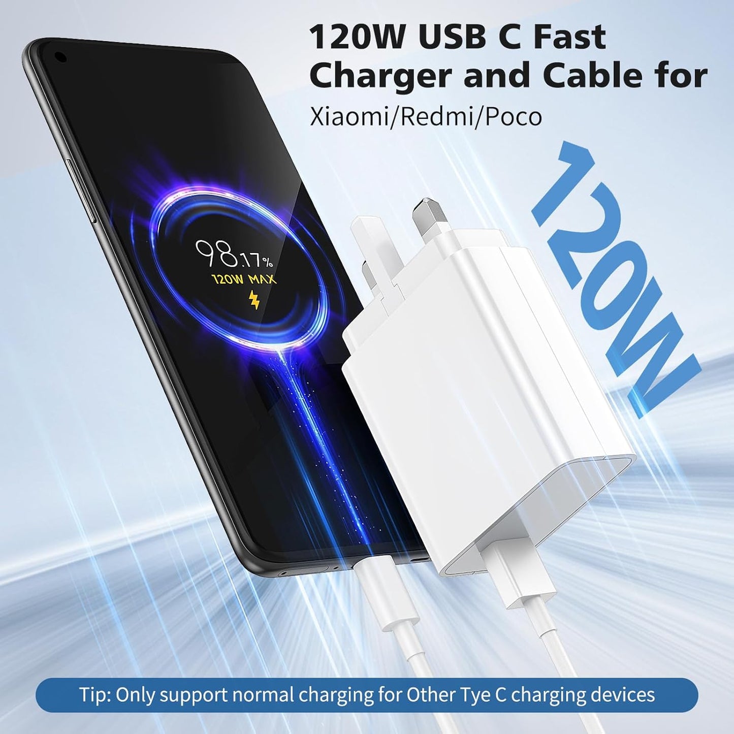 120W Fast Charger and Cable for Xiaomi, ACAGET 10A/1M 120W HyperCharge Cable, UK Wall Charger With USB C Cable