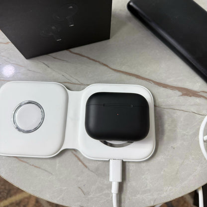 Matte black AirPods Pro-style wireless earbuds with active noise cancellation, displayed in an open charging case alongside a sleek black packaging box. The earbuds have a premium finish, making them a stylish choice for high-quality Bluetooth audio. Perf