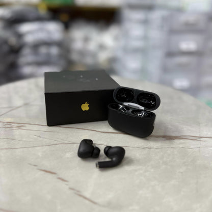 Matte black AirPods Pro-style wireless earbuds with active noise cancellation, displayed in an open charging case alongside a sleek black packaging box. The earbuds have a premium finish, making them a stylish choice for high-quality Bluetooth audio. Perf