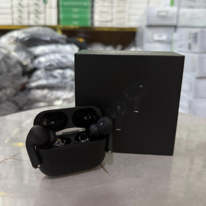 Matte black AirPods Pro-style wireless earbuds with active noise cancellation, displayed in an open charging case alongside a sleek black packaging box. The earbuds have a premium finish, making them a stylish choice for high-quality Bluetooth audio. Perf