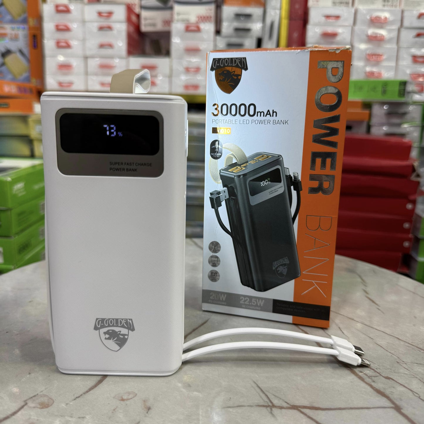 120W 30,000mAh Waterproof Power Bank with Built-in Cables, Dual USB Ports, Multi-Mode Flashlight, and LCD Display