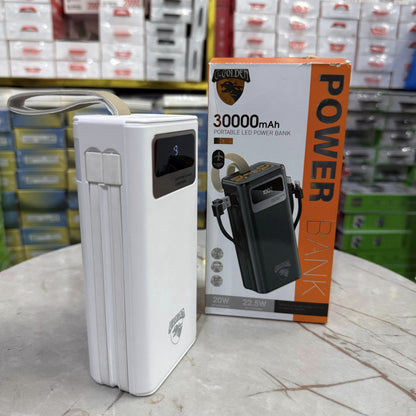120W 30,000mAh Waterproof Power Bank with Built-in Cables, Dual USB Ports, Multi-Mode Flashlight, and LCD Display