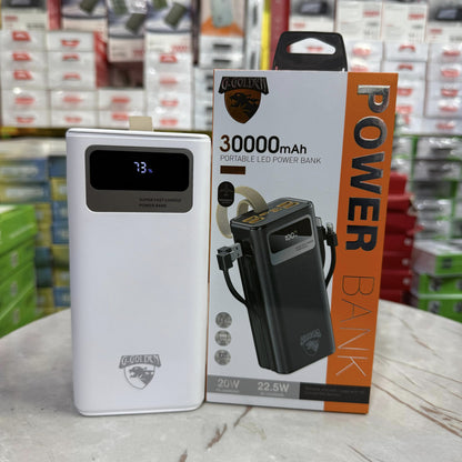 120W 30,000mAh Waterproof Power Bank with Built-in Cables, Dual USB Ports, Multi-Mode Flashlight, and LCD Display