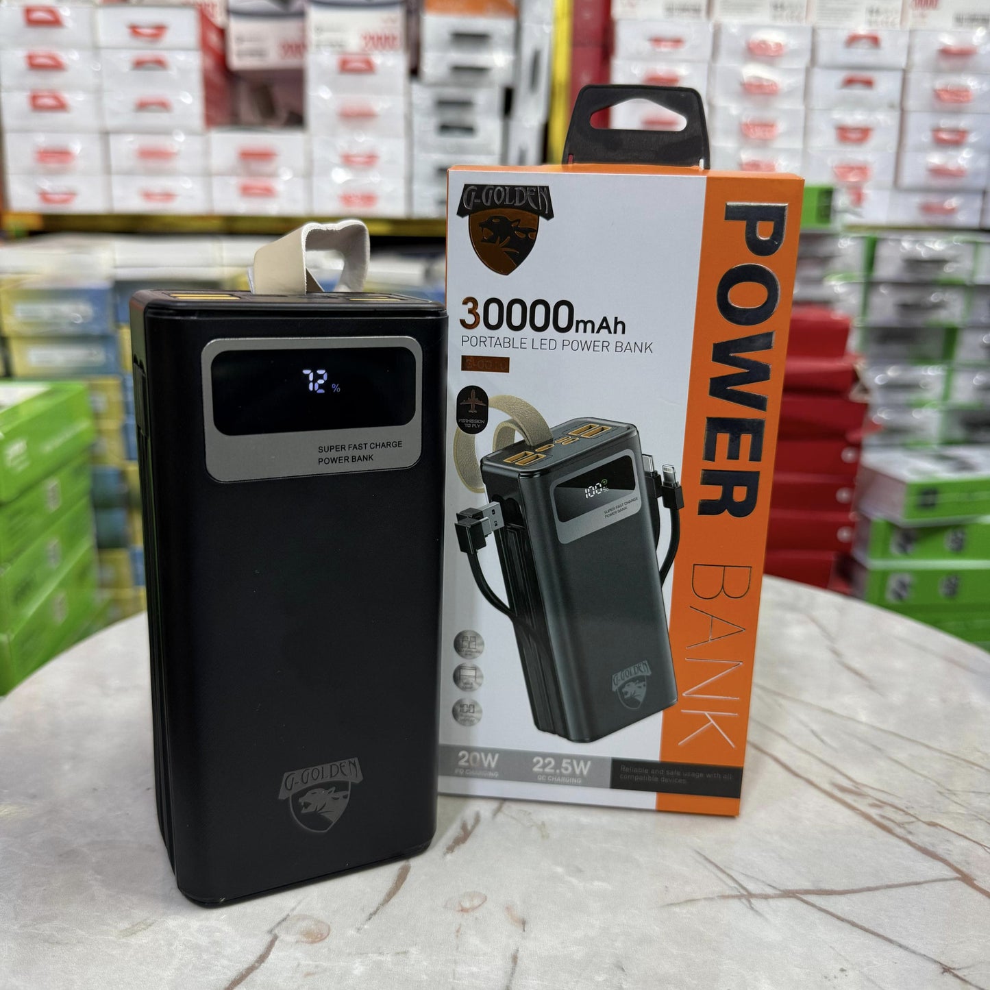 120W 30,000mAh Waterproof Power Bank with Built-in Cables, Dual USB Ports, Multi-Mode Flashlight, and LCD Display