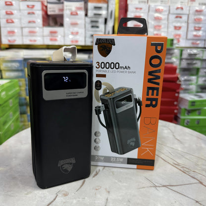 120W 30,000mAh Waterproof Power Bank with Built-in Cables, Dual USB Ports, Multi-Mode Flashlight, and LCD Display