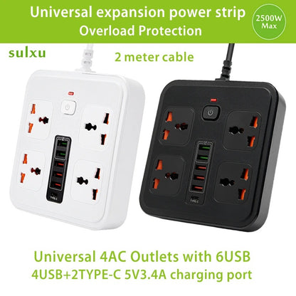 Universal power socket with overload protection 4 AC Outlets 2-meter cable Expansion power strip 6USB 5V3.4A Portable socket