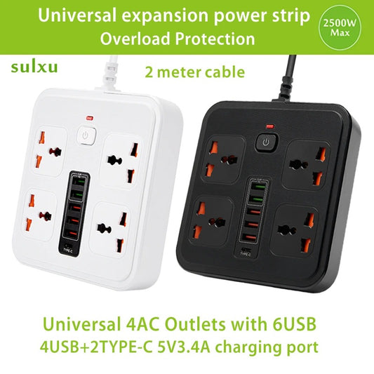 Universal power socket with overload protection 4 AC Outlets 2-meter cable Expansion power strip 6USB 5V3.4A Portable socket