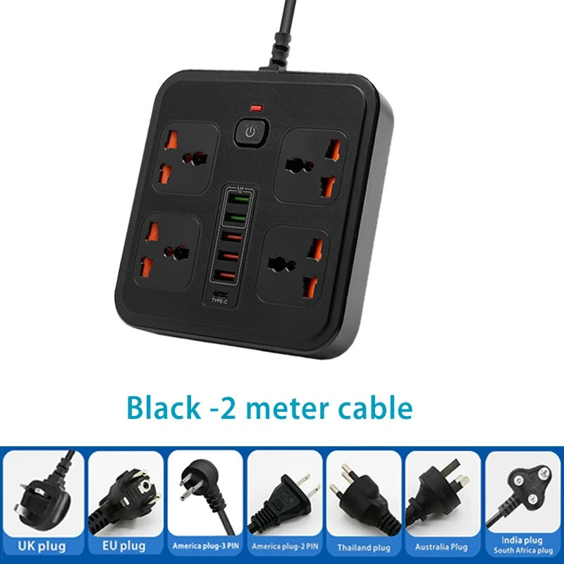 Universal power socket with overload protection 4 AC Outlets 2-meter cable Expansion power strip 6USB 5V3.4A Portable socket