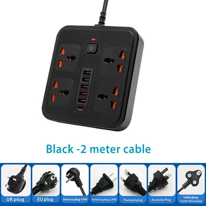 Universal power socket with overload protection 4 AC Outlets 2-meter cable Expansion power strip 6USB 5V3.4A Portable socket