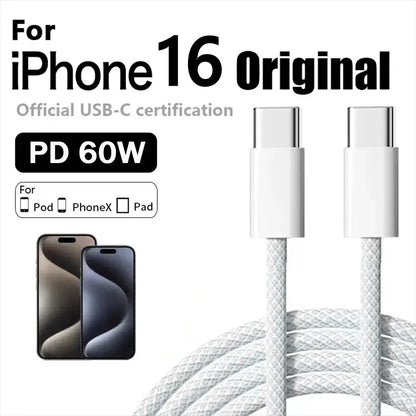 1M PD 60W Original USB-C to USB C Fast Charger Cable For Apple iPhone 16 Pro Max 15Plus Type C Quick Charging For Xiaomi Samsung