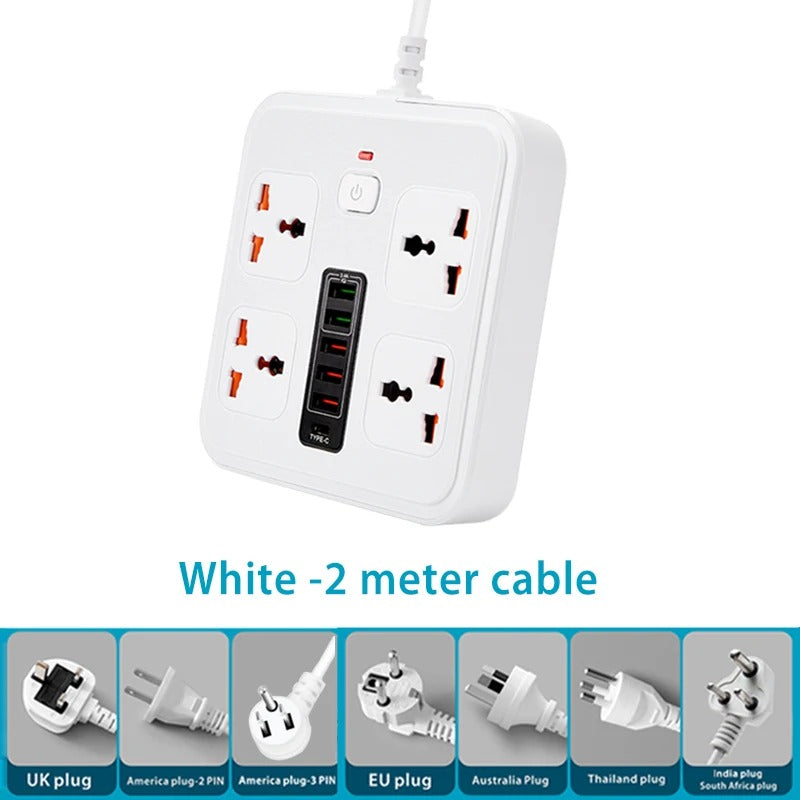 Universal power socket with overload protection 4 AC Outlets 2-meter cable Expansion power strip 6USB 5V3.4A Portable socket