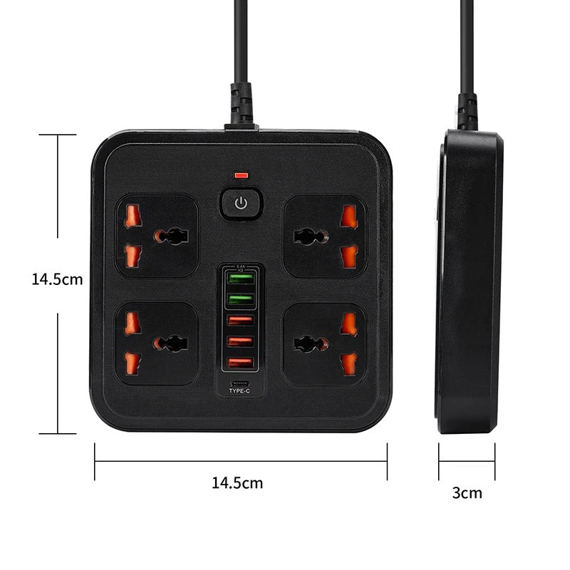 Universal power socket with overload protection 4 AC Outlets 2-meter cable Expansion power strip 6USB 5V3.4A Portable socket