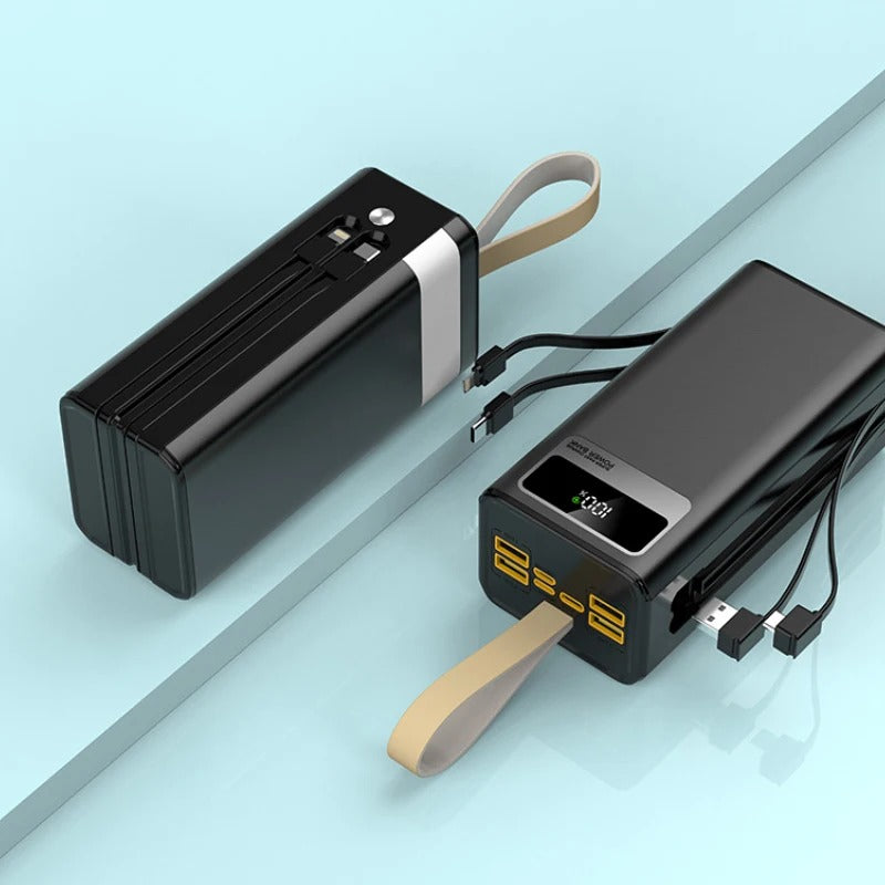 120W 30,000mAh Waterproof Power Bank with Built-in Cables, Dual USB Ports, Multi-Mode Flashlight, and LCD Display