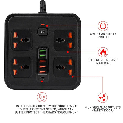 Universal power socket with overload protection 4 AC Outlets 2-meter cable Expansion power strip 6USB 5V3.4A Portable socket