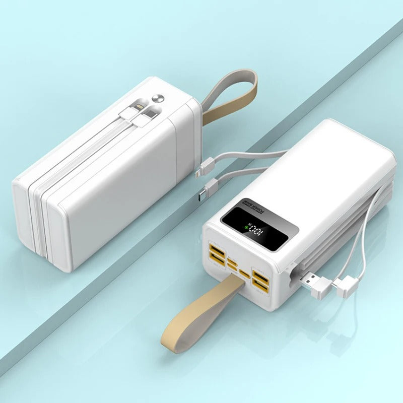 120W 30,000mAh Waterproof Power Bank with Built-in Cables, Dual USB Ports, Multi-Mode Flashlight, and LCD Display