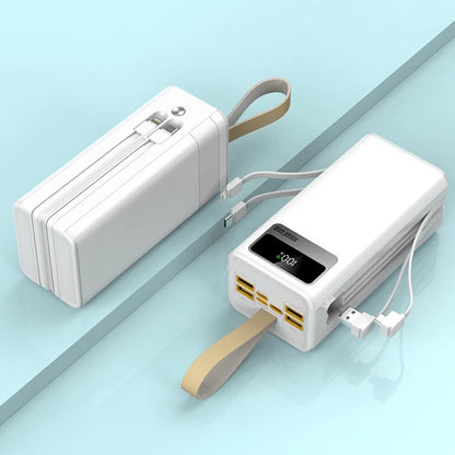 120W 30,000mAh Waterproof Power Bank with Built-in Cables, Dual USB Ports, Multi-Mode Flashlight, and LCD Display