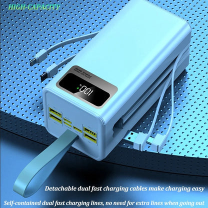 120W 30,000mAh Waterproof Power Bank with Built-in Cables, Dual USB Ports, Multi-Mode Flashlight, and LCD Display