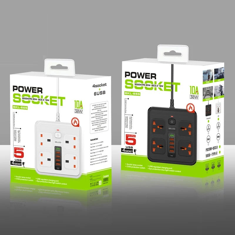 Universal power socket with overload protection 4 AC Outlets 2-meter cable Expansion power strip 6USB 5V3.4A Portable socket