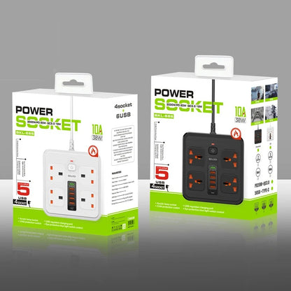Universal power socket with overload protection 4 AC Outlets 2-meter cable Expansion power strip 6USB 5V3.4A Portable socket