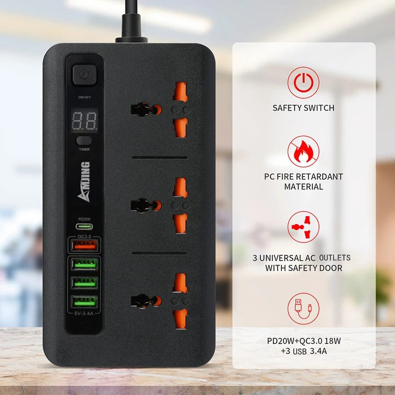 Advanced Multi-Socket Extension – 2600W Power Hub with QC3.0 & Timer Control