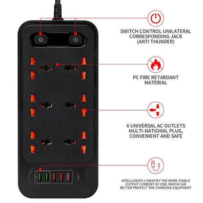High quality Universal 6AC Outlet dual control switch, Smart USB socket with TYPE-C charger, 2-meter cable extension power strip