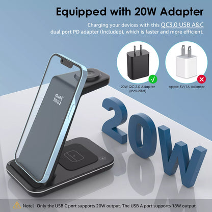 3-in-1 Wireless Charging Station 20W Wireless Charger for Multiple Devices QC3.0