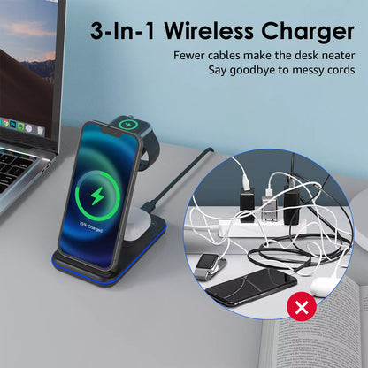 3-in-1 Wireless Charging Station 20W Wireless Charger for Multiple Devices QC3.0
